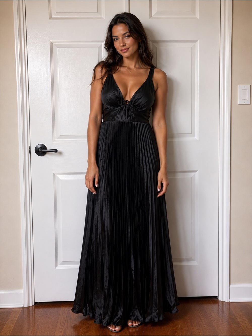 Elegant Black Pleated Maxi Dress - Classic Evening Style